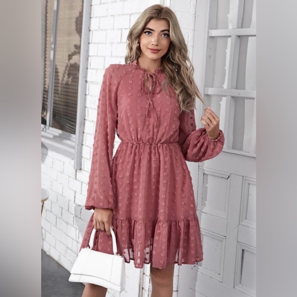 Tacera Swiss Dot Bishop Long Sleeve Lined Mauve Midi Dress  ~ Size Medium